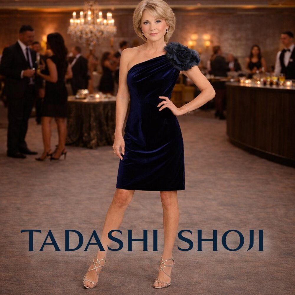 TADASHI SHOJI Medium One-Shoulder Flower Detail Blue Velvet Cocktail Dress 🍸